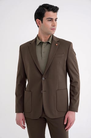 Comfort Fit Mono Yaka Torba Cep Esnek Yünlü Kahverengi Spor Takım Elbise TK 931