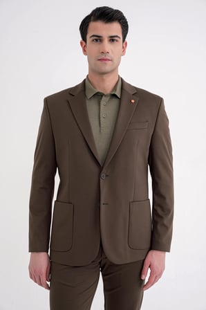 Comfort Fit Mono Yaka Torba Cep Esnek Yünlü Kahverengi Spor Takım Elbise TK 931