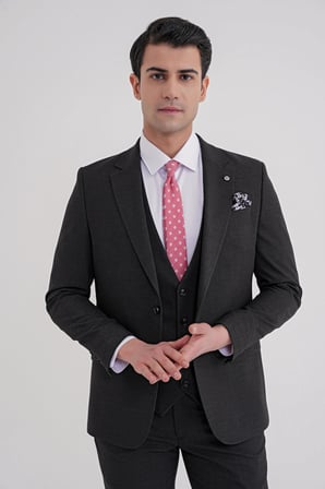 Slim Fit Çift Yırtmaç Ekoseli Esnek Yünlü Yelekli Klasik Siyah Takım Elbise TK 934
