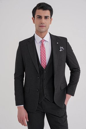 Slim Fit Çift Yırtmaç Ekoseli Esnek Yünlü Yelekli Klasik Siyah Takım Elbise TK 934