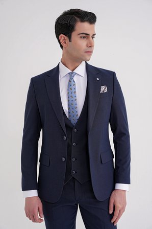 Slim Fit Çift Yırtmaç Ekoseli Esnek Yünlü Yelekli Klasik Lacivert Takım Elbise TK 934