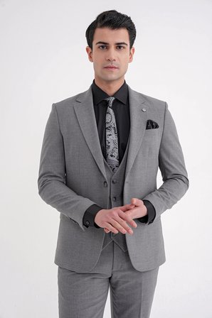 Slim Fit Çift Yırtmaç Ekoseli Esnek Yünlü Yelekli Klasik Füme Takım Elbise TK 934