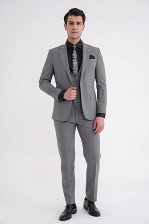Slim Fit Çift Yırtmaç Ekoseli Esnek Yünlü Yelekli Klasik Füme Takım Elbise TK 934