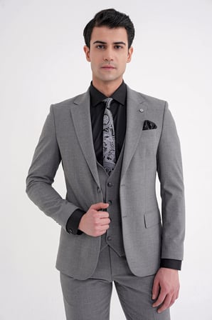 Slim Fit Çift Yırtmaç Ekoseli Esnek Yünlü Yelekli Klasik Füme Takım Elbise TK 934