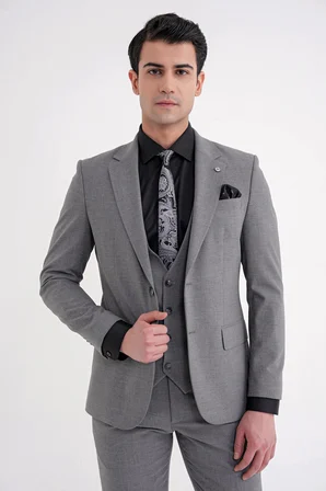 Slim Fit Çift Yırtmaç Ekoseli Esnek Yünlü Yelekli Klasik Füme Takım Elbise TK 934