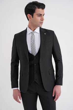 Slim Fit Çift Yırtmaç Çizgili Esnek Yünlü Siyah Yelekli Klasik Takım Elbise TK 935