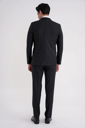 Slim Fit Çift Yırtmaç Çizgili Esnek Yünlü Siyah Yelekli Klasik Takım Elbise TK 935