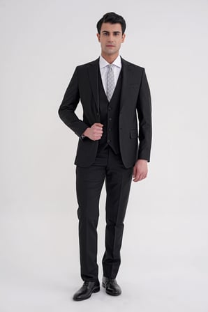 Slim Fit Çift Yırtmaç Dokulu %97 Yün Esnek Siyah Yelekli Klasik Takım Elbise TK 936