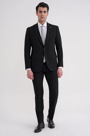 Slim Fit Çift Yırtmaç Gofre Kumaş Esnek Siyah Spor Takım Elbise TK 940