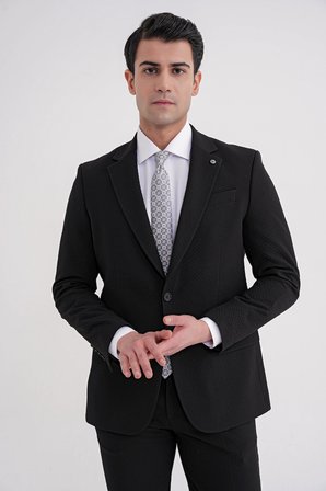 Slim Fit Çift Yırtmaç Gofre Kumaş Esnek Siyah Spor Takım Elbise TK 940