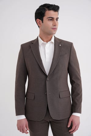 Slim Fit Çift Yırtmaç Gofre Kumaş Esnek Kahverengi Spor Takım Elbise TK 940