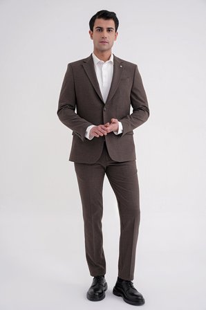 Slim Fit Çift Yırtmaç Gofre Kumaş Esnek Kahverengi Spor Takım Elbise TK 940