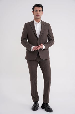 Slim Fit Çift Yırtmaç Gofre Kumaş Esnek Kahverengi Spor Takım Elbise TK 940