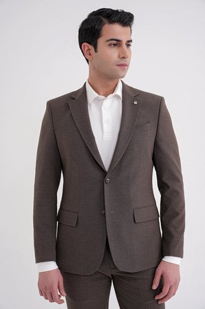 Slim Fit Çift Yırtmaç Gofre Kumaş Esnek Kahverengi Spor Takım Elbise TK 940