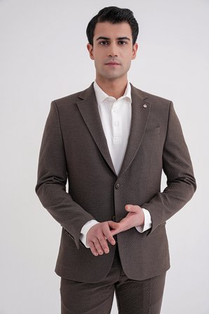 Slim Fit Çift Yırtmaç Gofre Kumaş Esnek Kahverengi Spor Takım Elbise TK 940