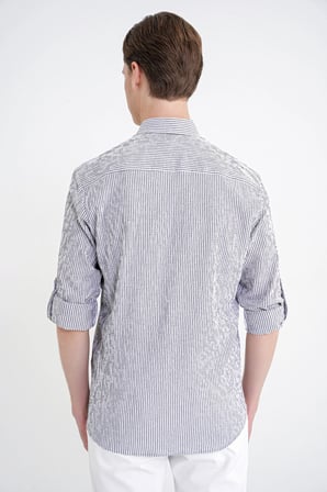 Comfort Fit Katlanır Kol Düğme Yaka %100 Pamuk Siyah Beyaz Çizgili Gömlek G 1600
