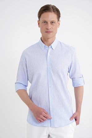 Comfort Fit Katlanır Kol Düğme Yaka %100 Pamuk Mavi Beyaz Çizgili Gömlek G 1600