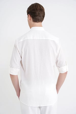 Comfort Fit Katlanır Kol Düğme Yaka %100 Pamuk Ekru Çizgili Gömlek G 1600