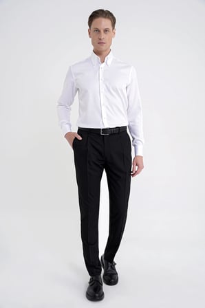 Comfort Fit Yan Cep Esnek Pamuklu Gabardin Tek Pileli Siyah Pantolon P 1211