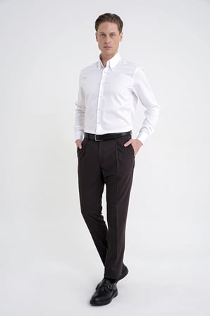 Comfort Fit Yan Cep Esnek Pamuklu Gabardin Tek Pileli Kahverengi Pantolon P 1211