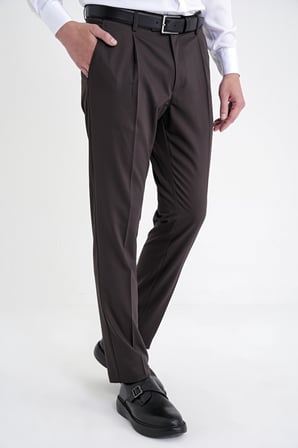 Comfort Fit Yan Cep Esnek Pamuklu Gabardin Tek Pileli Kahverengi Pantolon P 1211