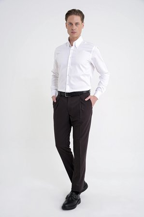 Comfort Fit Yan Cep Esnek Pamuklu Gabardin Tek Pileli Kahverengi Pantolon P 1211