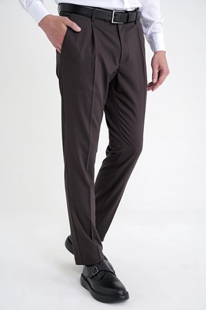 Comfort Fit Yan Cep Esnek Pamuklu Gabardin Tek Pileli Kahverengi Pantolon P 1211
