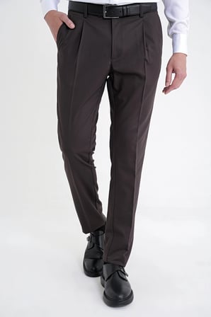 Comfort Fit Yan Cep Esnek Pamuklu Gabardin Tek Pileli Kahverengi Pantolon P 1211