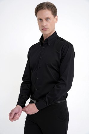 Slim Fit Düğmeli Yüksek Yaka %100 Pamuk Saten Düz Siyah Gömlek GK 760