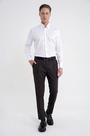 Slim Fit Düğmeli Yüksek Yaka %100 Pamuk Saten Düz Beyaz Gömlek GK 760