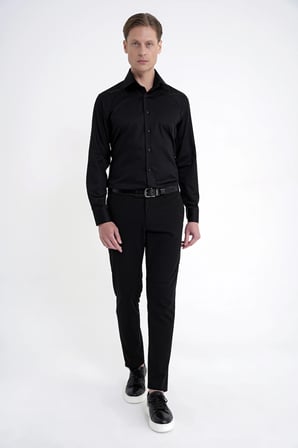 Slim Fit İtalyan Yaka %100 Pamuk Non İron Kumaş Düz Siyah Gömlek GK 759