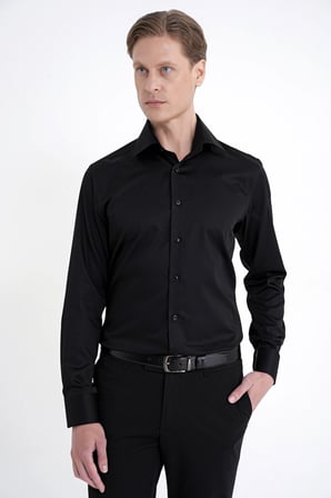 Slim Fit İtalyan Yaka %100 Pamuk Non İron Kumaş Düz Siyah Gömlek GK 759
