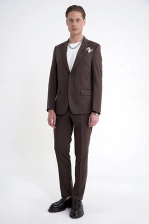 Slim Fit Mono Yaka %97 Tencel Kumaş Çift Yırtmaç Esnek Kahverengi Takım Elbise TK 941