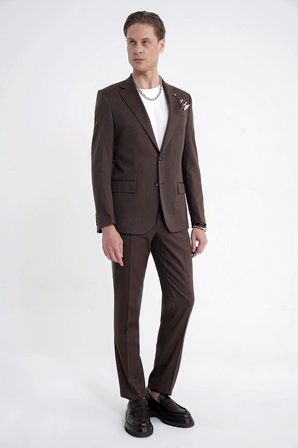 Slim Fit Mono Yaka %97 Tencel Kumaş Çift Yırtmaç Esnek Kahverengi Takım Elbise TK 941