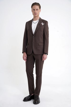 Slim Fit Mono Yaka %97 Tencel Kumaş Çift Yırtmaç Esnek Kahverengi Takım Elbise TK 941