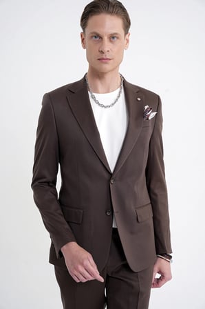 Slim Fit Mono Yaka %97 Tencel Kumaş Çift Yırtmaç Esnek Kahverengi Takım Elbise TK 941