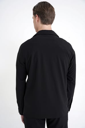 Comfort Fit Apaş Yaka  Doku Desenli %100 Pamuk Siyah Gömlek Ceket G 1601