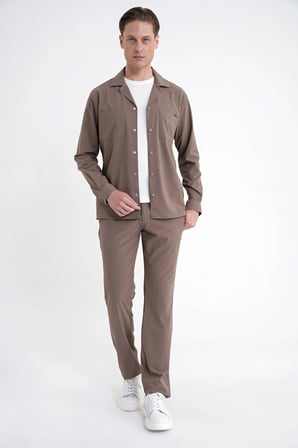 Comfort Fit Apaş Yaka  Doku Desenli %100 Pamuk Vizon Gömlek Ceket G 1601