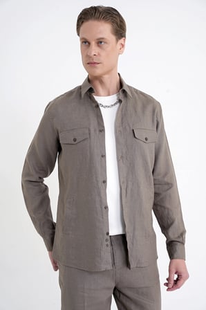 Comfort Fit Yan Cepli %100 Keten Haki Gömlek Ceket G 1602