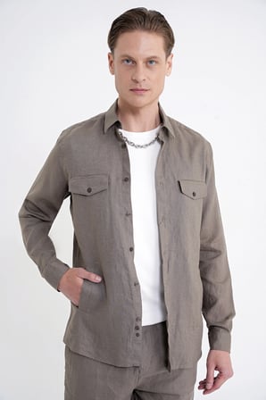 Comfort Fit Yan Cepli %100 Keten Haki Gömlek Ceket G 1602