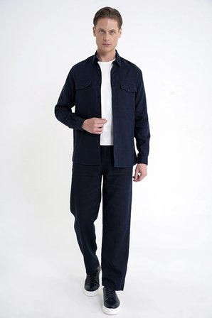 Comfort Fit Yan Cepli %100 Keten Lacivert Gömlek Ceket G 1602