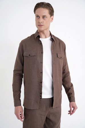 Comfort Fit Yan Cepli %100 Keten Vizon Gömlek Ceket G 1602