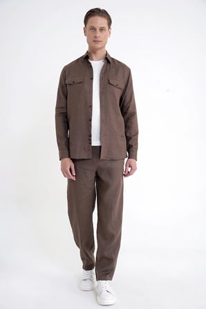 Comfort Fit Yan Cepli %100 Keten Vizon Gömlek Ceket G 1602