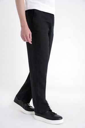 Oversize Kalıp Yan Cep Beli Lastikli Siyah Keten Pantolon P 1216