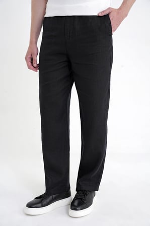 Oversize Kalıp Yan Cep Beli Lastikli Siyah Keten Pantolon P 1216