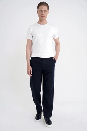 Oversize Kalıp Yan Cep Beli Lastikli Lacivert Keten Pantolon P 1216