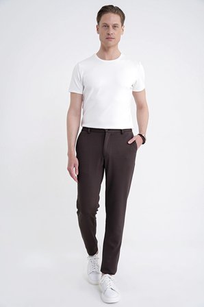 Comfort Fit Beli Lastikli Armürlü Dokuma Esnek Pamuk Kahverengi Jogger Pantolon P 1217