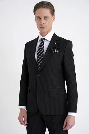 Slim Fit Mono Yaka Esnek Yünlü Siyah Çizgili Takım Elbise Tk 942