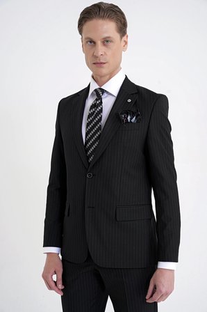 Slim Fit Mono Yaka Esnek Yünlü Siyah Çizgili Takım Elbise Tk 942