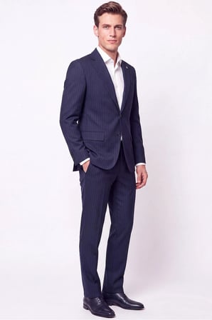Slim Fit Mono Yaka Esnek Yünlü Lacivert Çizgili Takım Elbise Tk 942